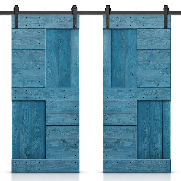 CALHOME 84 in. x 84 in. Ocean Blue Stained DIY Knotty Pine Wood Interior Double Sliding Barn Door with Hardware Kit