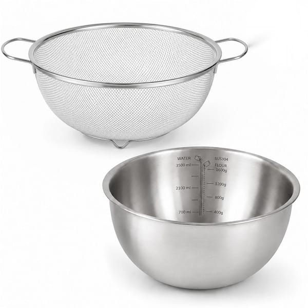 304 Stainless Steel Fine Mesh Colander and Mixing Bowl Set, 3.5 qt. 2-Piece, 11 in. x 11 in. x 4.5 in.