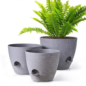 Plant Pot 12/10/9 in., Speckled Grey Plastic Self Watering for Indoor/Outdoor Plants with Drainage Hole, (3-Pack)