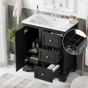 30 in. W Single Sink Bath Vanity in Black with White Ceramic Top, 3-Drawers and Adjustable Shelf Unassembled