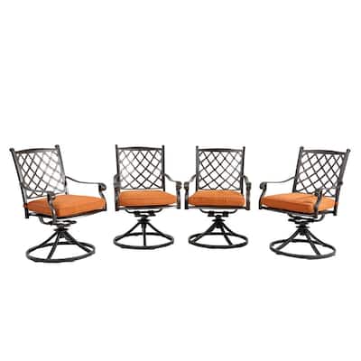 Cast Aluminum Outdoor Dining Diagonal-Mesh Backrest Swivel Chairs with Orange Cushions (Set of 4)