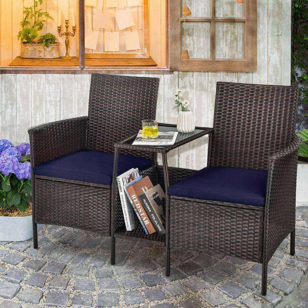 1-Piece Wicker Patio Conversation Set with Navy Cushions and Glass Table