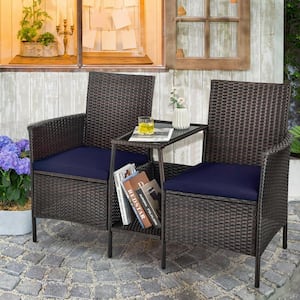 1-Piece Wicker Patio Conversation Set with Navy Cushions and Glass Table