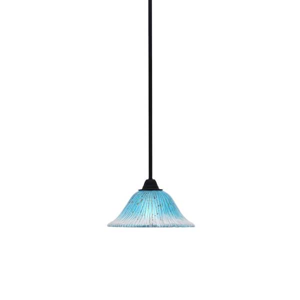 Madison 100-Watt 1-Light Matte Black Shaded Pendant Light with 10 in. Teal Crystal Shade, No Bulb Included