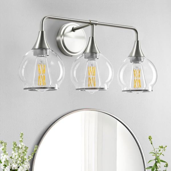 KAISITE 22.4 in. 3-Light Brushed Nickel Bathroom Vanity Light with Clear Globe Glass Shades