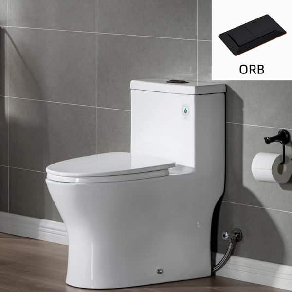 WOODBRIDGE Elite 1-Piece 1.1/ 1.6 GPF Dual Flush Elongated Toilet in White with Seat Included and Oil Rubbed Bronze Button