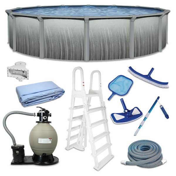 Blue Wave Martinique 18 ft. Round 52 in. Deep Hard Sided Above Ground Pool Package w/ Sand Filter, Ladder, Skimmer, Liner