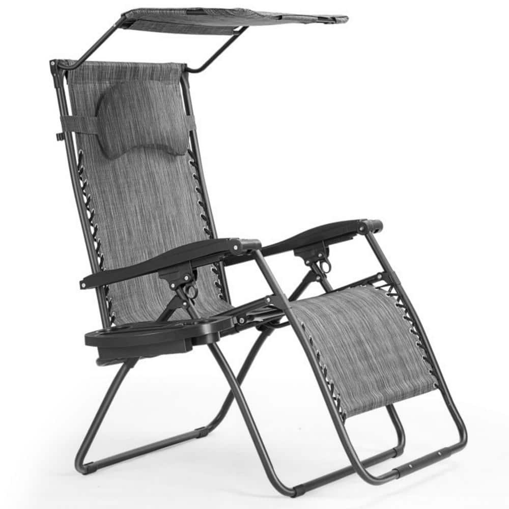 Metal Outdoor Folding Recliner Chaise Lounge Chair in Gray with Shade Canopy Cup Holder price history on PriceWatchPro