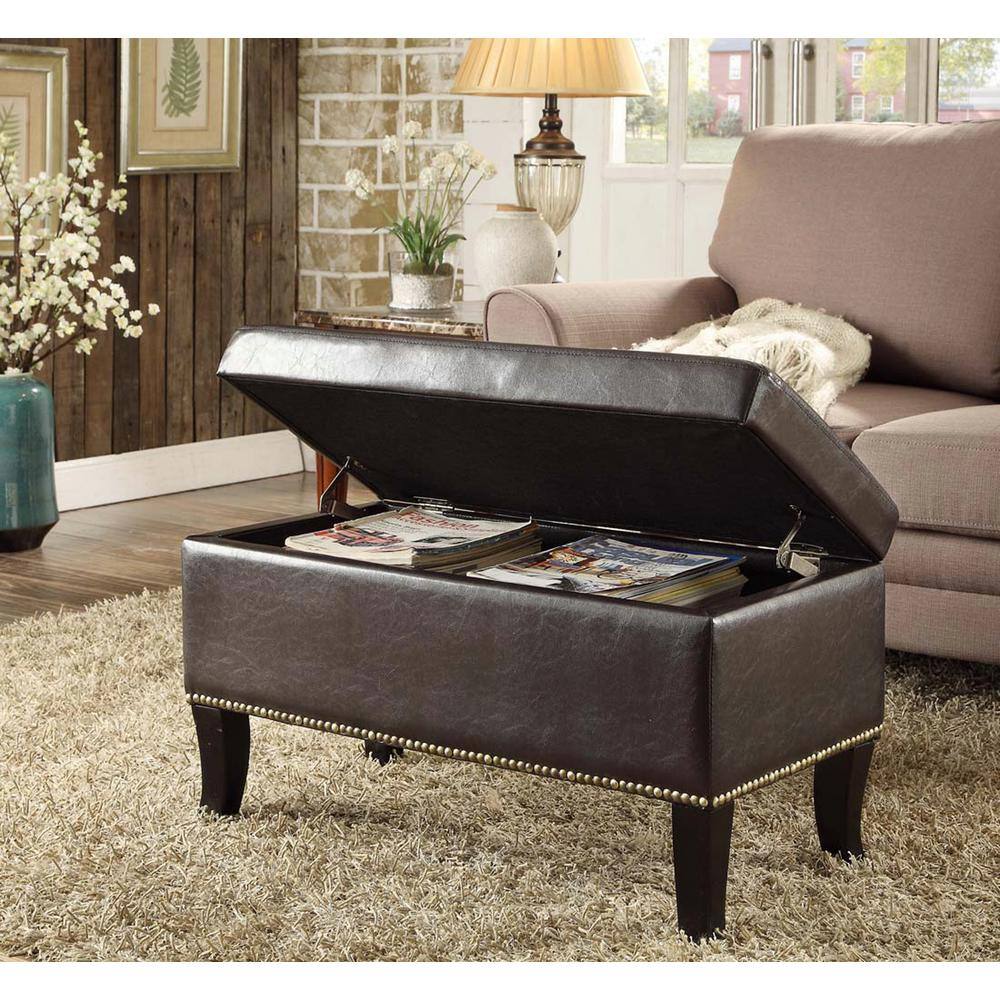 Espresso Faux Leather Tufted Storage Ottoman with Nailhead Trim