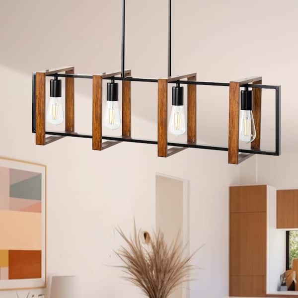 Briignite 4-light Black Vintage Wood Farmhouse Square Rectangle Linear Chandelier for Dining Room Bedroom, or Living room