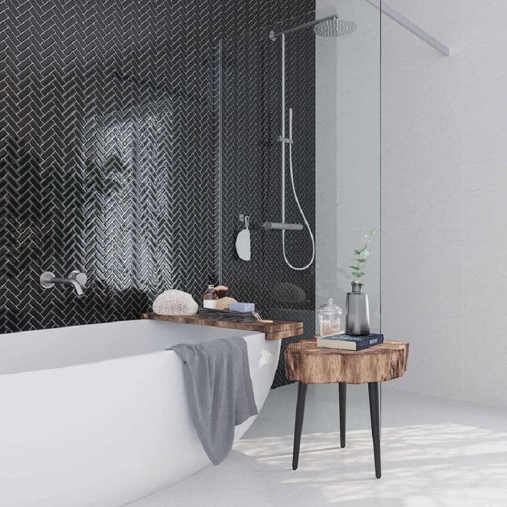Black Herringbone Polished Glass Mosaic Tile for Walls