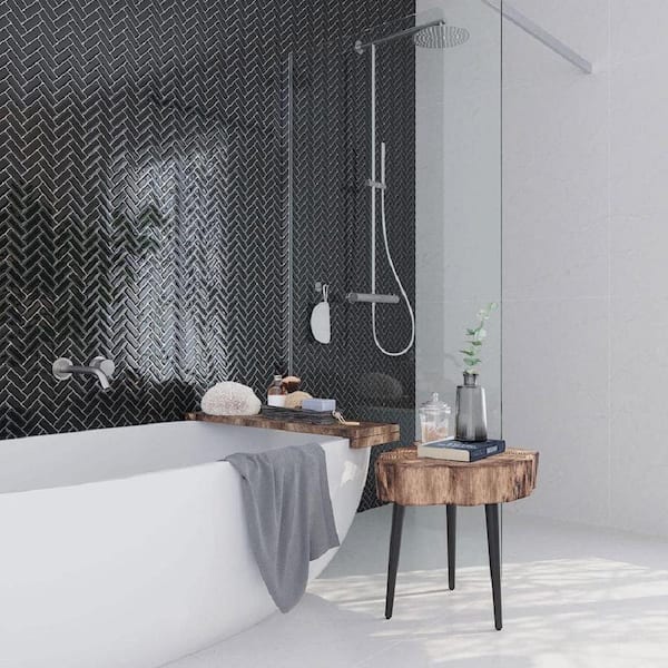 Black 11 in. x 12.6 in. Herringbone Polished Glass Mosaic Tile (22 Cases, 105.82 sq. ft./Pallet)