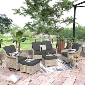 Palffy Gray 6-Piece Wicker Patio Conversation Seating Set with Black Cushions and Swivel Rocking Chairs