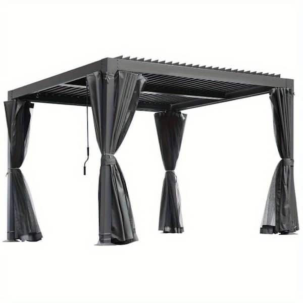 10 ft. x 10 ft. Outdoor Louvered Pergola with Curtains and Netting for Patio, Garden, Backyard, Dark Gray