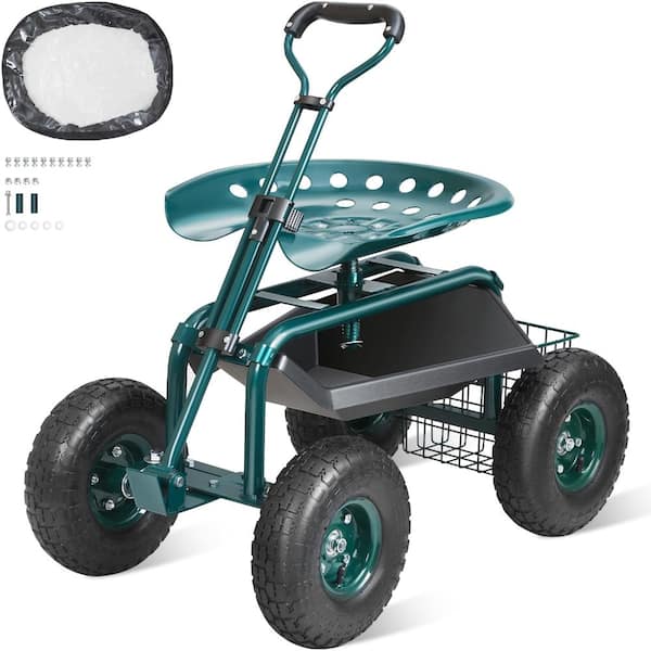 Avex Green 300 lbs. Capacity Metal Garden Cart Rolling Workseat with 360 Degree Swivel Seat and Utility Tool Tray