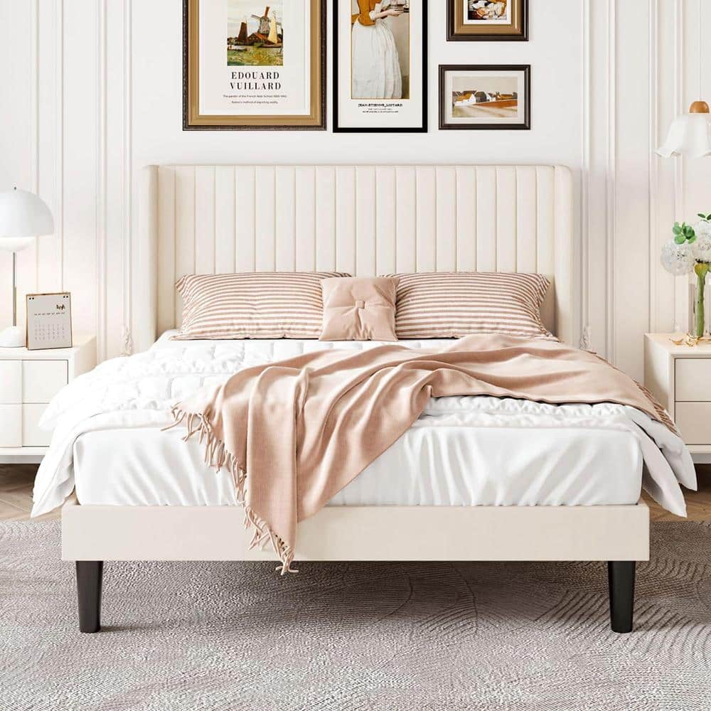13.6 in. Cream White Wooden Queen Size Platform Bed Frame with Velvet Headboard price history on PriceWatchPro
