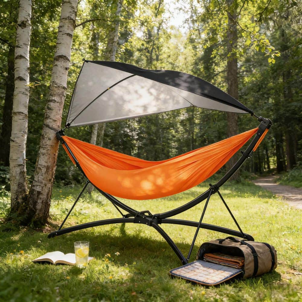 9.19 ft. Portable Outdoor Orange Hammock with Quick-Fold Stand