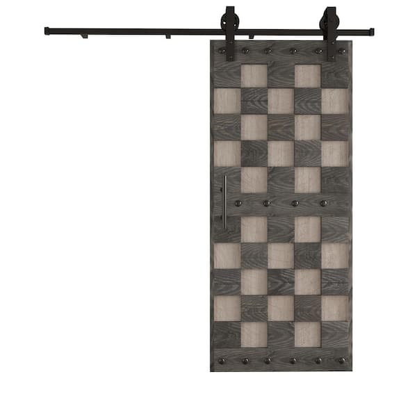 COAST SEQUOIA INC 36 in. x 84 in. Chess Board Pattern Embossing Light Gray/Dark Gray Knotty Wood Sliding Door With Hardware Kit