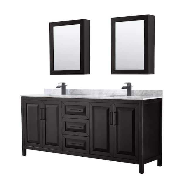 Wyndham Collection Daria 80 in. W x 22 in. D x 35.75 in. H Double Bath Vanity in Dark Espresso with White Carrara Marble Top and MC Mirrors