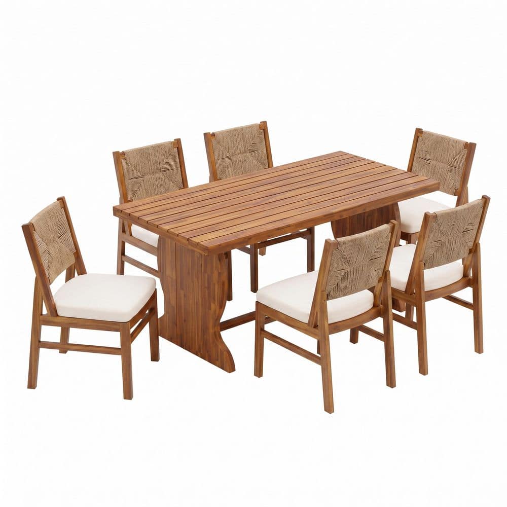 7-Piece Rectangle Teak Solid Wood Top Outdoor Dining Table Set with Cream Cushion Seats 6