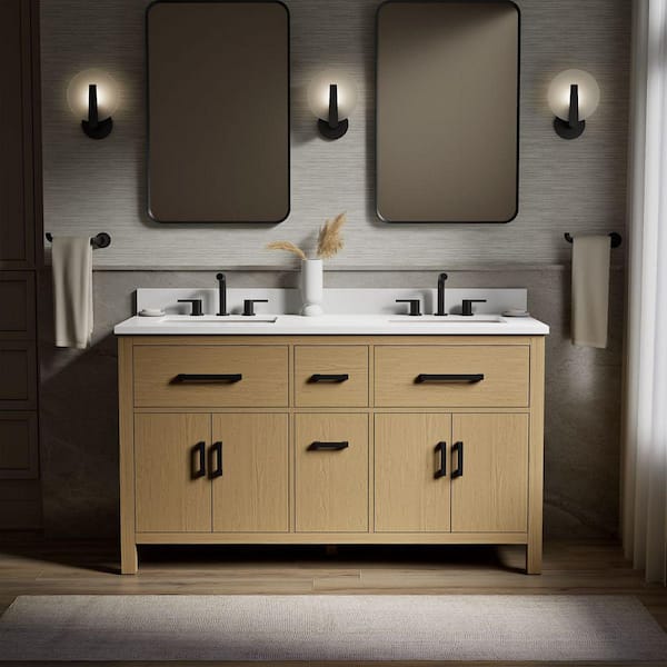 Kresla 61in. Double Sink Freestanding Light Oak Bath Vanity with White Quartz Top Assembled