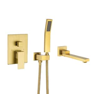 Square Single-Handle Wall Mount Roman Tub Faucet with Swivel Tub Spout and Rough-In Valve in Brushed Gold