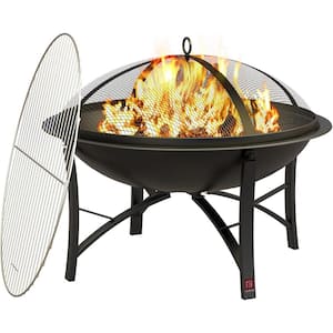 Black Fire Pit Steel Bowl with Spark Screen Cover, Log Grate & Poker for Outdoor