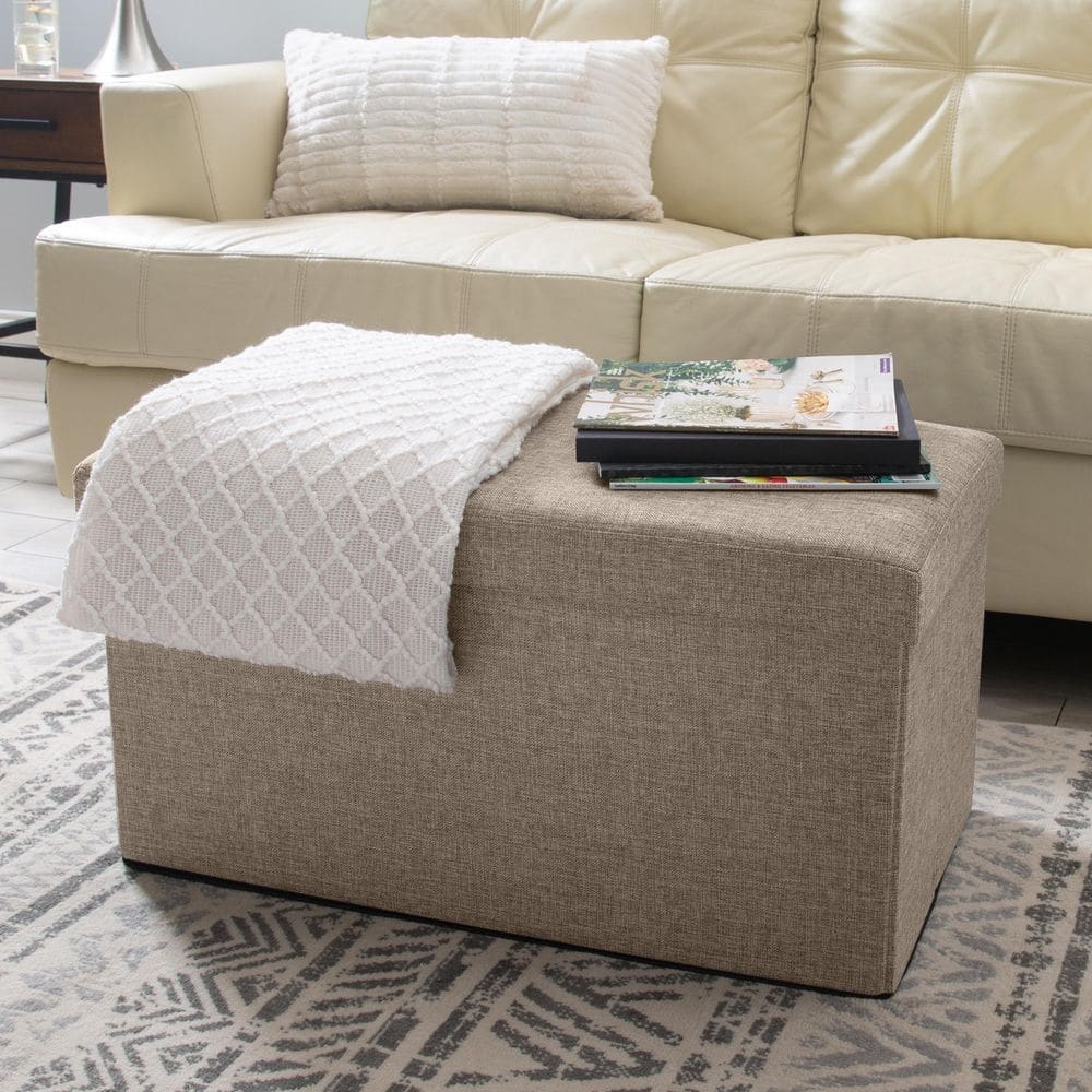 Simplify Beige Faux Linen Double Folding Storage Ottoman
