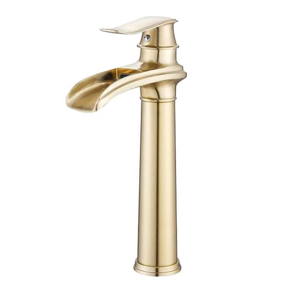 Waterfall Single Handle Single Hole Tall Spout Bathroom Vessel Sink Faucet With Pop-up Drain Assembly in Brushed Gold