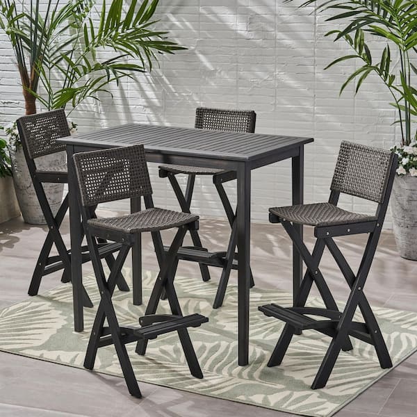 Noble House Polaris Dark Grey 5-Piece Wood Rectangle 41 in. Patio Outdoor Serving Bar Set