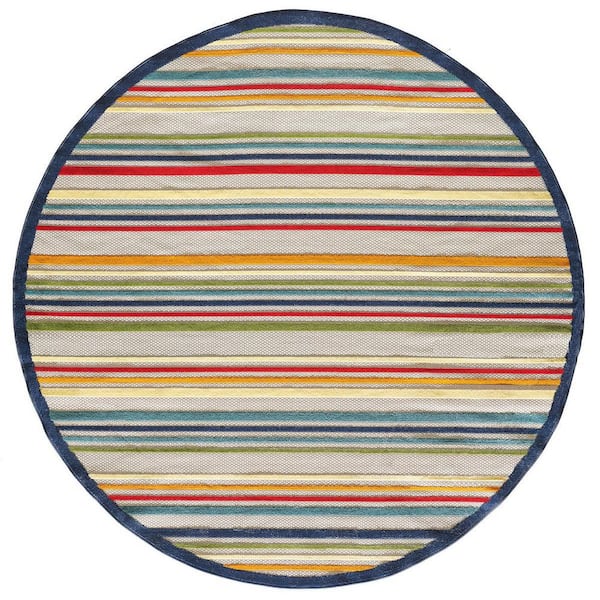 HomeRoots Ivory, Blue 8 ft. Round Woven Polypropylene Round Indoor/Outdoor Area Rug
