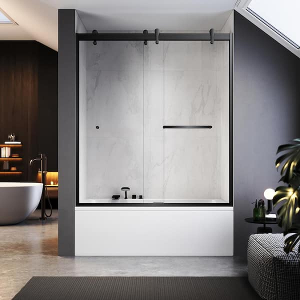UNIKOO UKD08 60 in. W x 66 in. H Double Sliding Semi-Frameless Bathtub Door in Matte Black with EnduroShield Clear Glass