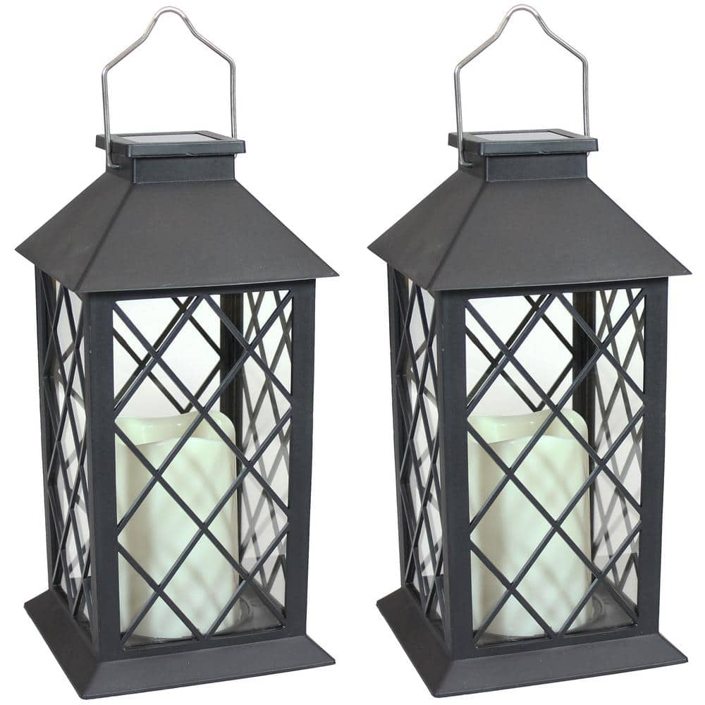 Black Solar LED Flameless Candle Lantern Set of 2