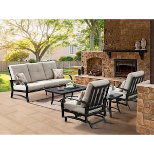 5-Piece Aluminum Patio Conversation Set with Beige Sunbrella Cushions, 2 Rocking Chairs, Sofa, 2 Tables