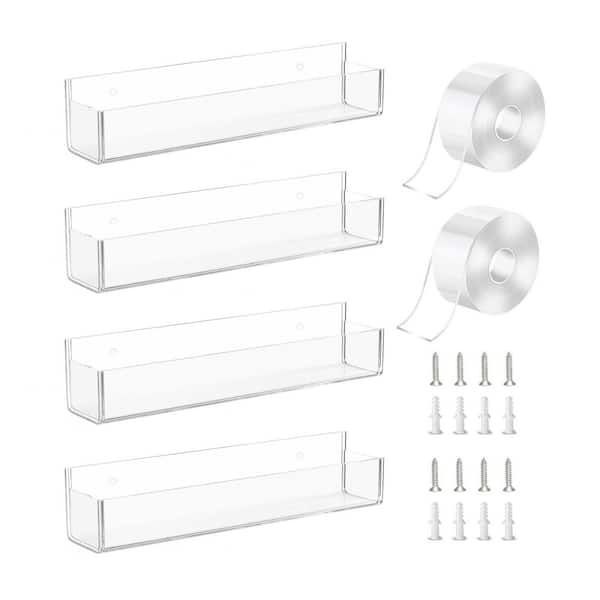 Numhew 4-Pack Clear Adhesive Acrylic Spice Rack with 2-Nano Double Sided Tape, Wall Mount Spice Shelf for Kitchen