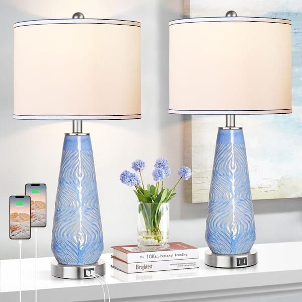 27 in. H Blue Art Ceramic Bedside Lamps with Linen Shade USB Ports, 3-Way Dimmable Task and Reading (2-Pack)