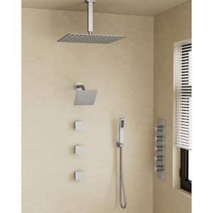 Thermostatic Valve 15-Spray 16 in. x 6 in. Ceiling Mount Dual Shower Head and Handheld Shower in Brushed Nickel