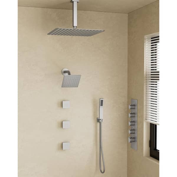 Thermostatic Valve 15-Spray 16 in. x 6 in. Ceiling Mount Dual Shower Head and Handheld Shower in Brushed Nickel