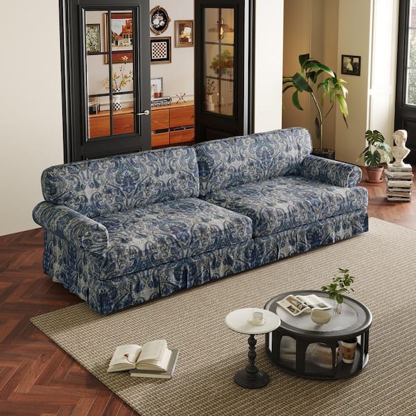 Roswell Mid Century 93.7 in. Rolled Arm Oxford Fabric Rectangle Sofa in Blue Floral
