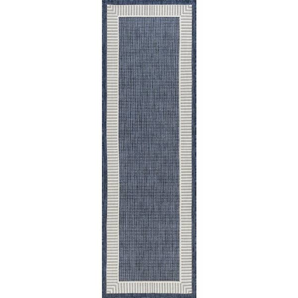 Tayse Rugs Eco Striped Border Navy 3 ft. x 10 ft. Indoor/Outdoor Runner Rug