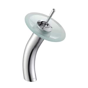 Single Hole Single-Handle Low-Arc Glass Waterfall Vessel Bathroom Faucet in Chrome with Frosted Glass Disk
