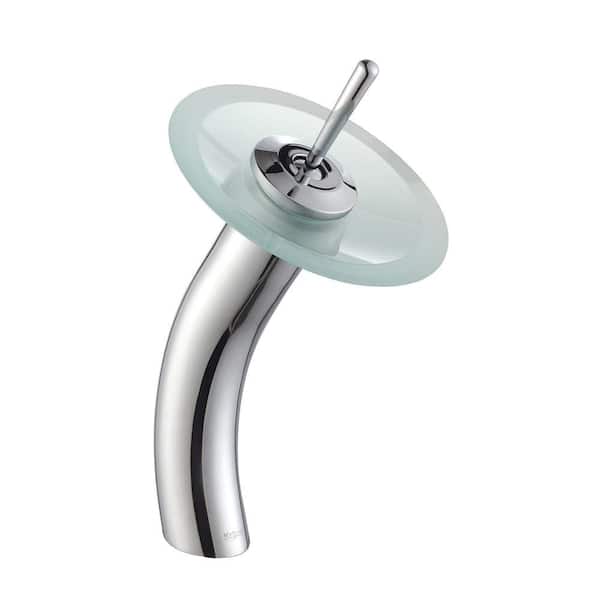 KRAUS Single Hole Single-Handle Low-Arc Glass Waterfall Vessel Bathroom Faucet in Chrome with Frosted Glass Disk