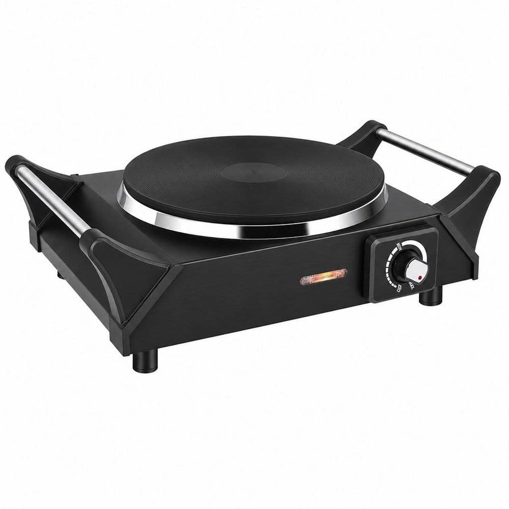 1500 W Single Burner 7.5 in. Black Electric Hot Plate Stove with Adjustable Temperature and Dual Handles for Cooking