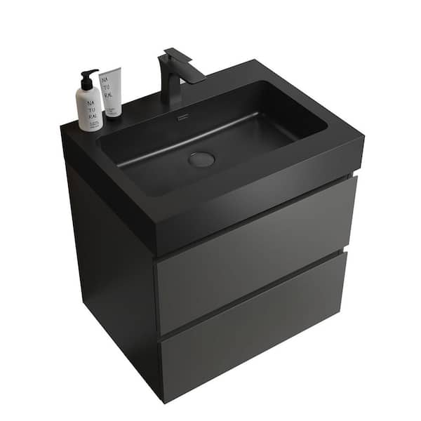 24 in. Wall Mount Modern Single Sink Gray Bath Vanity with One-Piece Black Solid Surface Top Sink Pre-assembled