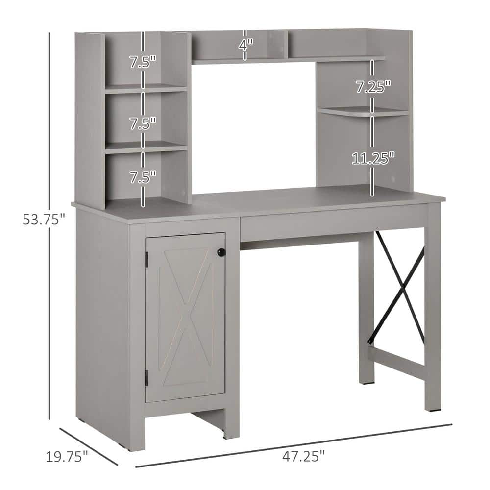 Modern Light Grey Wood Computer Desk with Hutch and Filing Cabinet