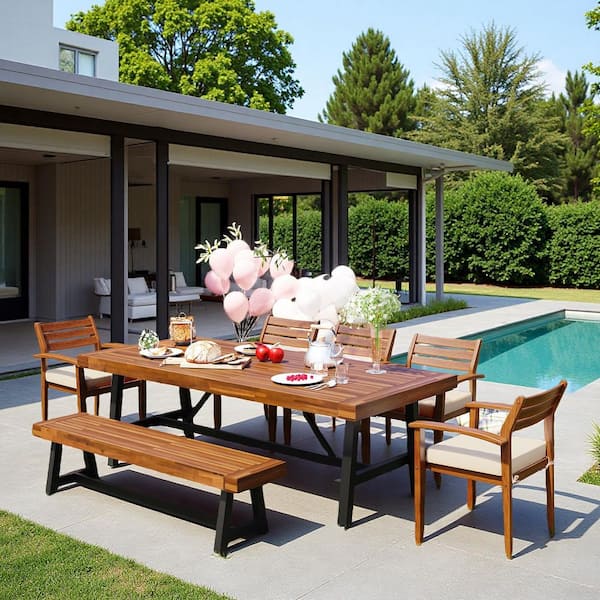 Brown 7-Piece Acacia Wood Outdoor Dining Set with Beige Cushions