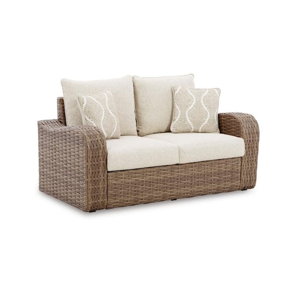 Benjara 34 in. Beige Solid Print Polyester 2-Seater Loveseat with 2 Pillows