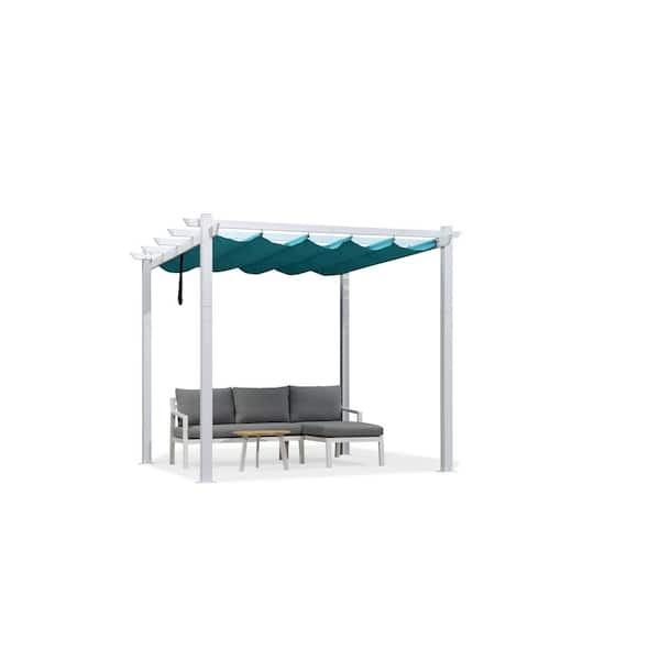 PURPLE LEAF 10 ft. x 10 ft. Turquoise Blue Aluminum Outdoor Retractable Pergola with Sun Shade Canopy Cover White Patio Shelter