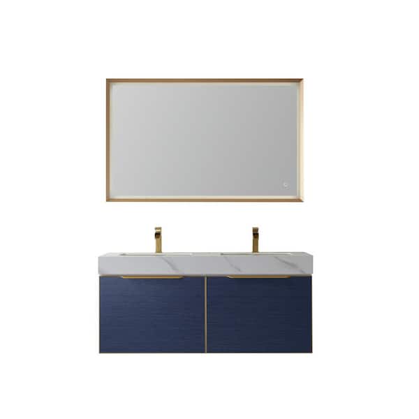 ROSWELL Alicante 48 in. W x 20. 9 in. D x 21.7 in. H Double Sink Bath Vanity in Blue with White Sintered Stone Top and Mirror