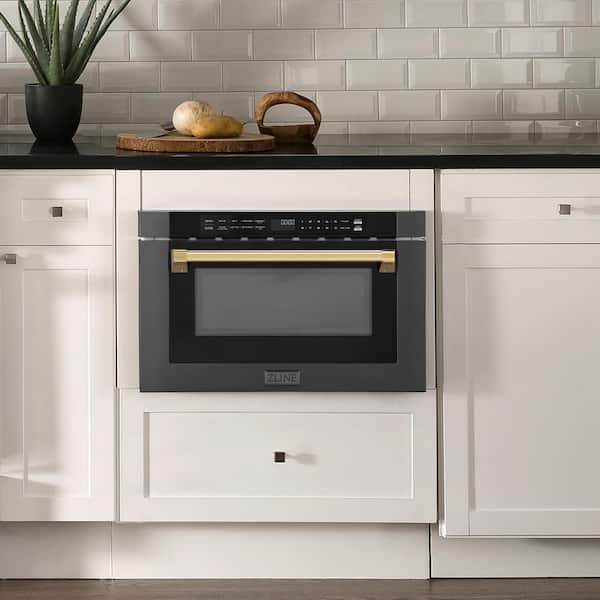 Autograph Edition 24 in. 1000-Watt Built-In Microwave Drawer in Black Stainless Steel, Traditional Polished Gold Handle